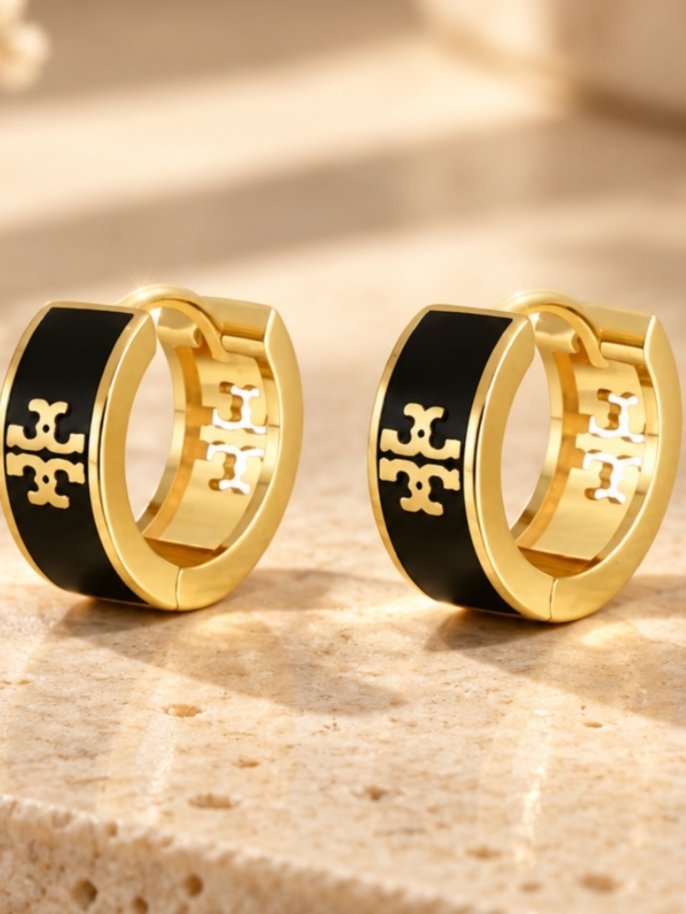 Tory Burch Gold and Black Logo Mini Hoop Earrings